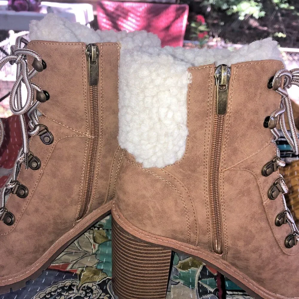 Nine West Women's Brown Faux Fur Lace Up Booties Block Heel Side Zip 8.5M